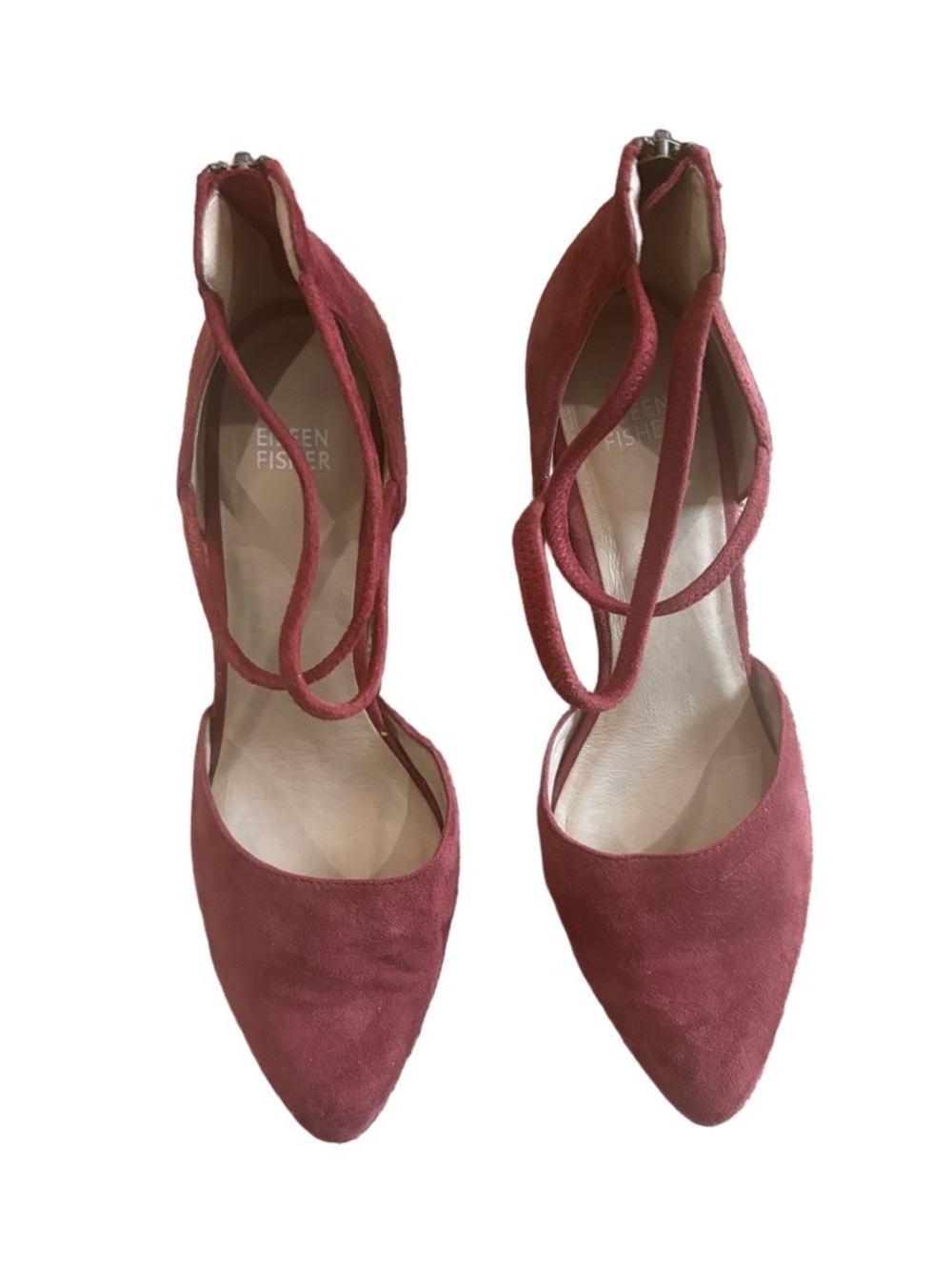 Eileen Fisher Tilda Sz 9.5 red suede crisscross ankle strap stack heeled shoes. - Picture 2 of 9